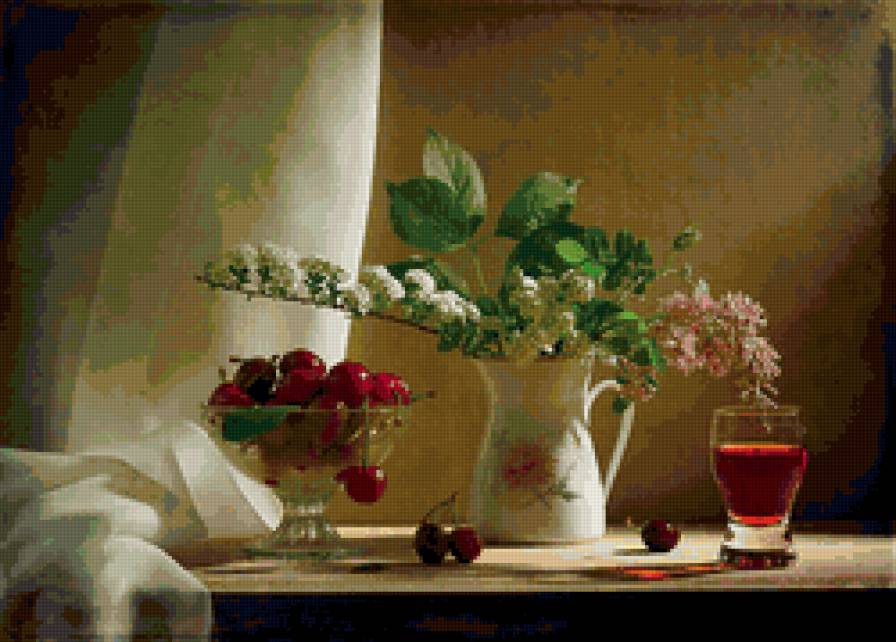 натюрморт - натюрморт, цветы, ягоды, вишни - предпросмотр