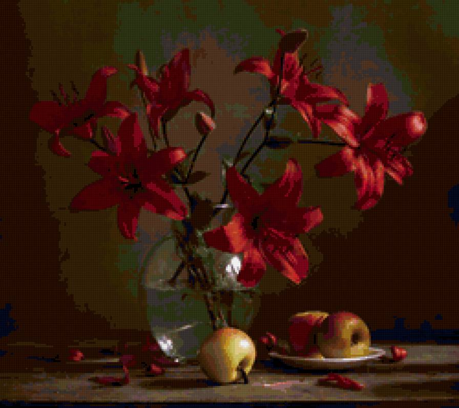 натюрморт - лилии, цветы, натюрморт, яблоки - предпросмотр