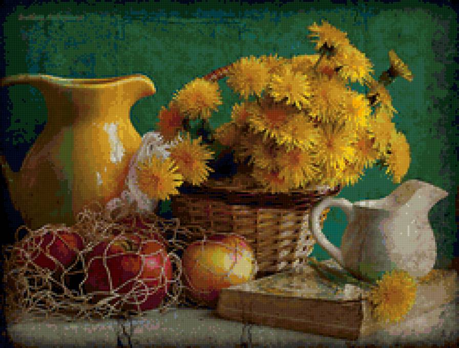 натюрморт - натюрморт, яблоки, одуванчики - предпросмотр