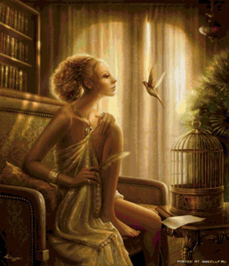 Девушка и птичка - клетка, птица, девушка - предпросмотр