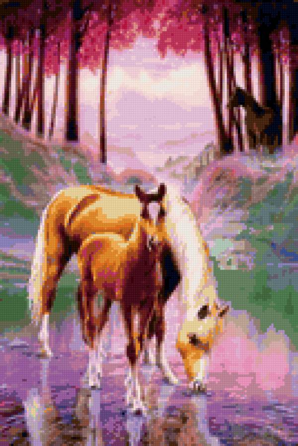 0038 - кони, лес, животные, река, жеребенок, лошадь, картина, красота - предпросмотр