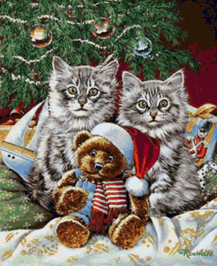 Котята - коты, котята, рождество, кошки, мишка, детская картина, елка - предпросмотр