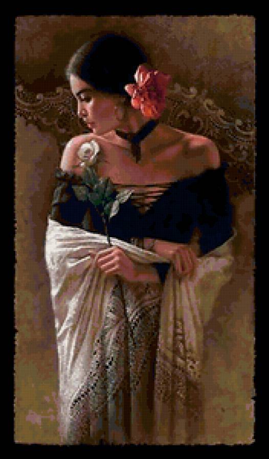 Красота женщины - женщина, цветы, девушка, картина, красота женщины, живопись - предпросмотр