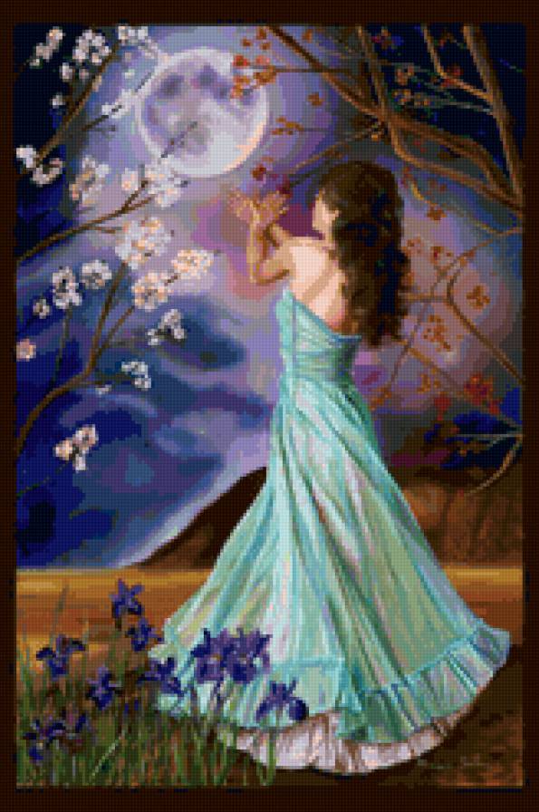 девушка - цветы, луна, девушка, со спины - предпросмотр