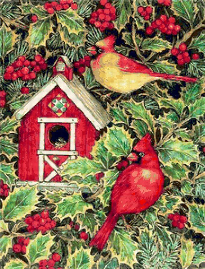 Кардиналы - скворечник, ягодки, птички и ягодки, плющ, птицы, кардинал, лето - предпросмотр