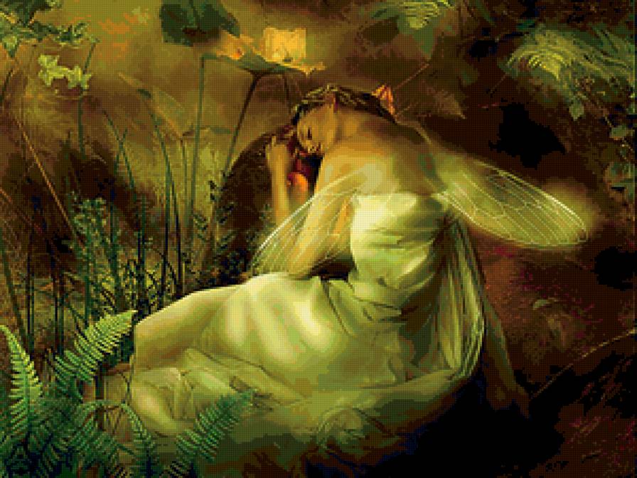 №128371 - эльф, фея, лес, девушка, сон - предпросмотр
