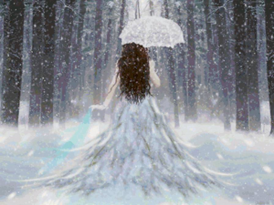 №128373 - девушка, зонтик, снег - предпросмотр