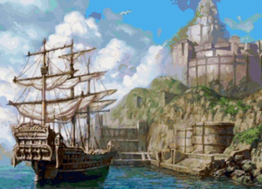 Корабль у берега - пейзаж, берег, корабль, море, морской пейзаж - предпросмотр