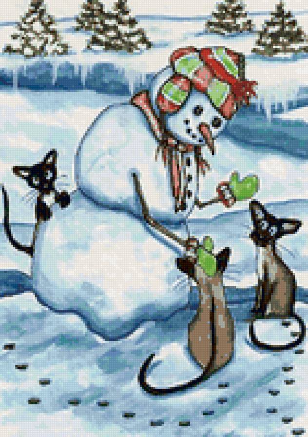 Снеговик с котами - снеговик, коты - предпросмотр