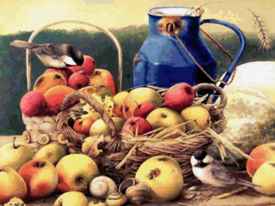 Корзина с яблоками - птицы, воробьи, корзинка, яблоки - предпросмотр