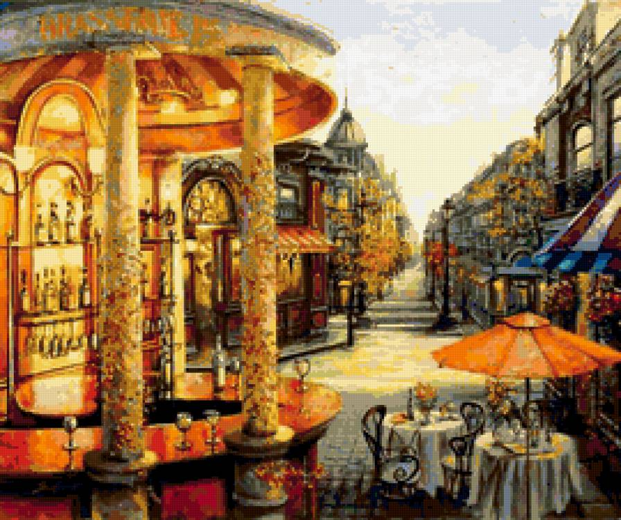 Городской пейзаж - улица, картина, город, кафе, пейзаж - предпросмотр