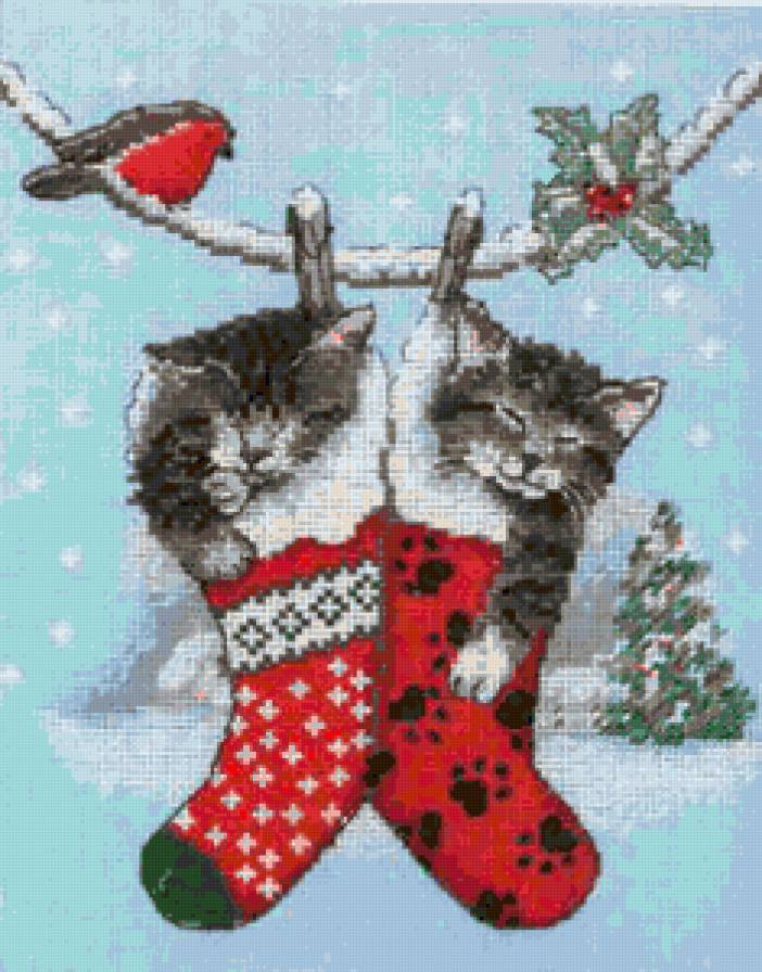 Котятки в подарок - детям, рождество, елка, снегири, коты, кошки, котята, малыши - предпросмотр