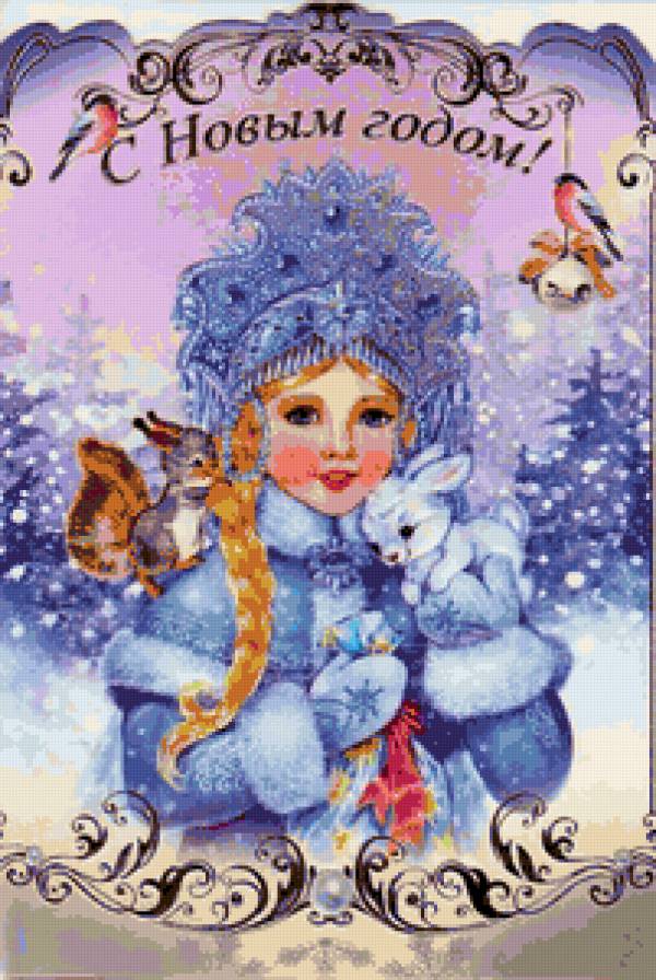 Снегурочка - зверушки, птицы, узоры, зима, снег, новогодняя, снегурочка - предпросмотр