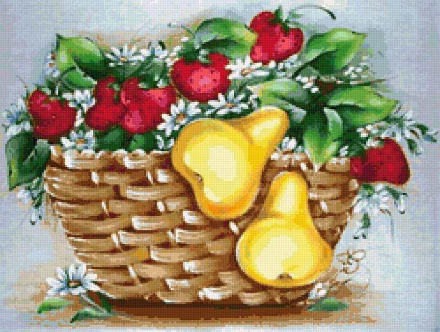 Натюрморт - корзина, натюрморт, цветы, фрукты - предпросмотр