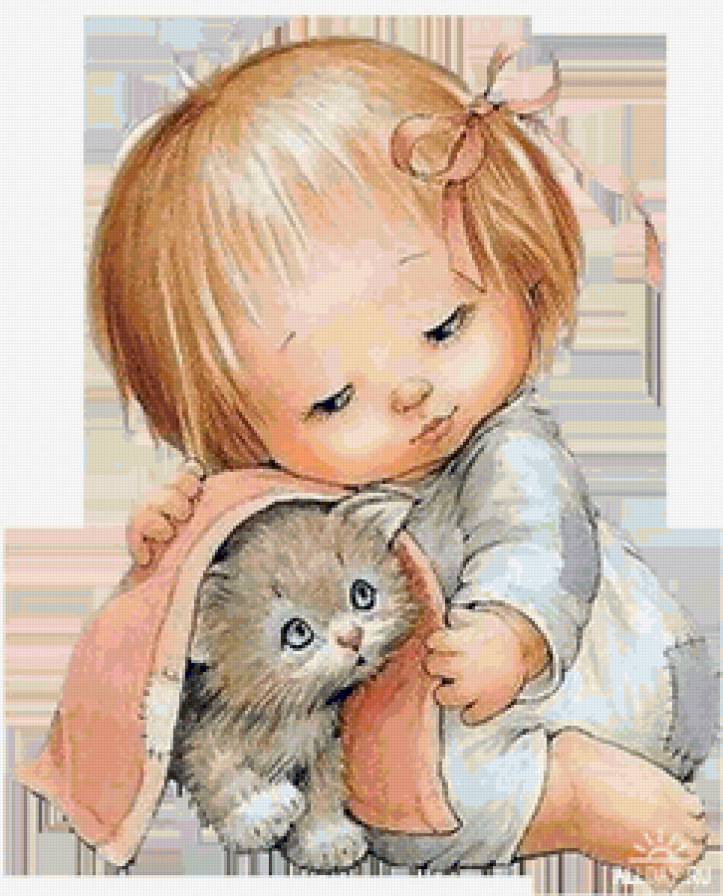 Детские картинки "Девочка с котиком" - девочка, картинка, котик - предпросмотр