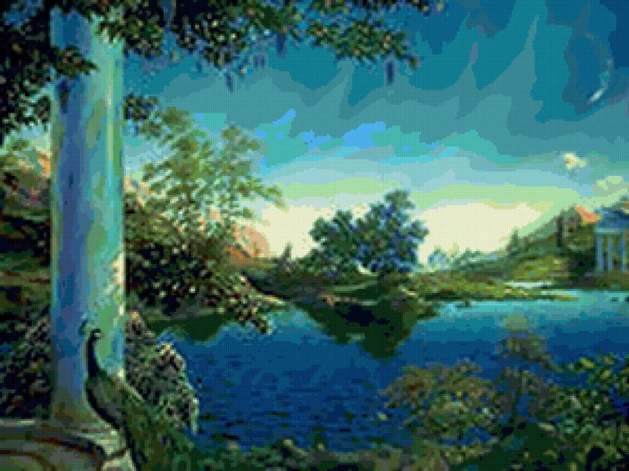 пейзаж - павлин, природа, вода, пейзаж - предпросмотр