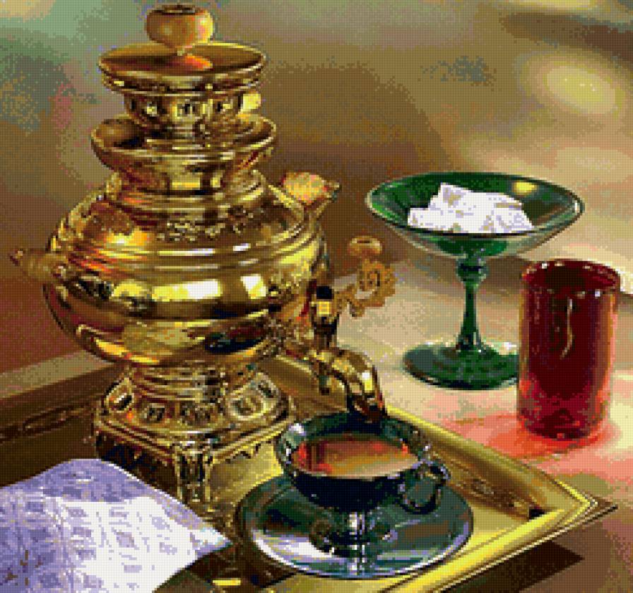 У самовара - чашки, самовар, натюрморт - предпросмотр