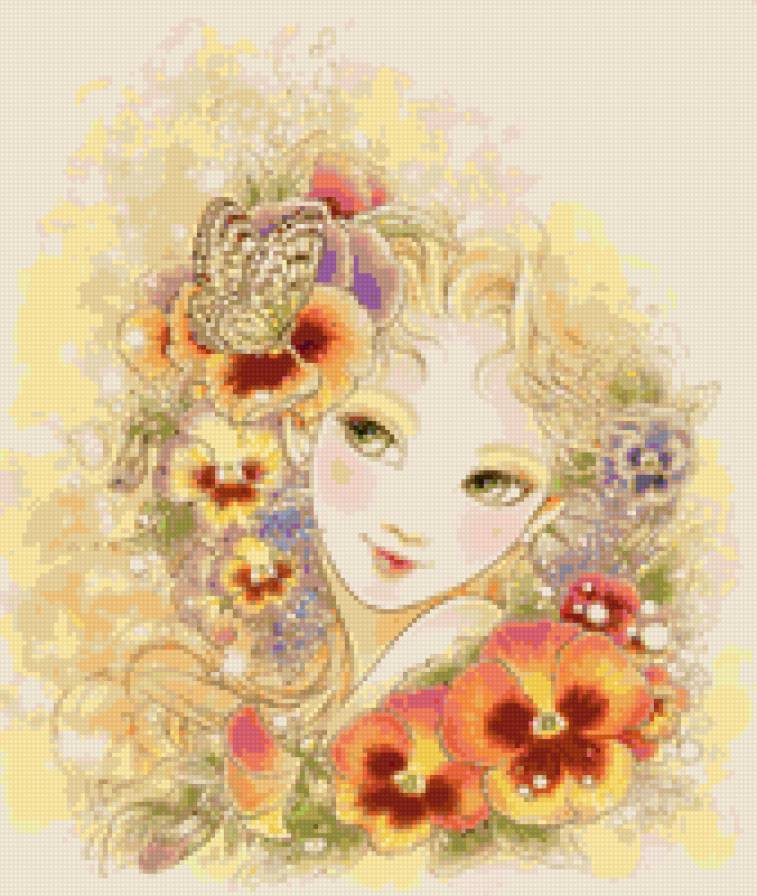 девушка - весна, девушка, цветы, лицо, блондинка, бабочка, фиалки, лето - предпросмотр