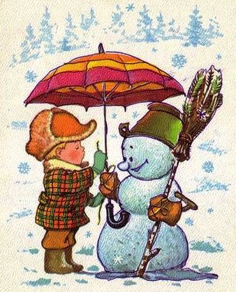 Мальчик и снеговик - снеговик, открытка, мальчик, новый год, зима, снежинки - оригинал