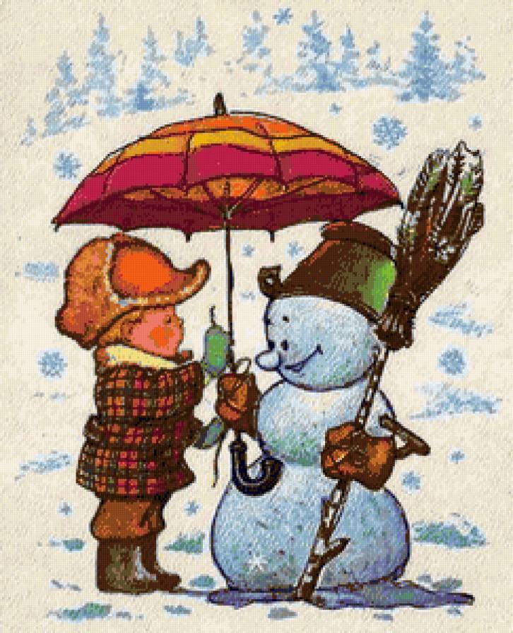 Мальчик и снеговик - мальчик, снежинки, новый год, снеговик, открытка, зима - предпросмотр