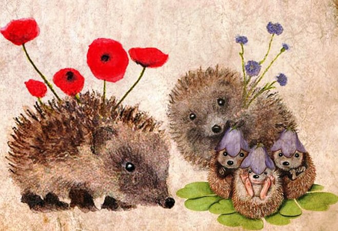 Ёжики - цветы, семья, малыши, веселый ежик, сердечки, ежик, ежики - оригинал