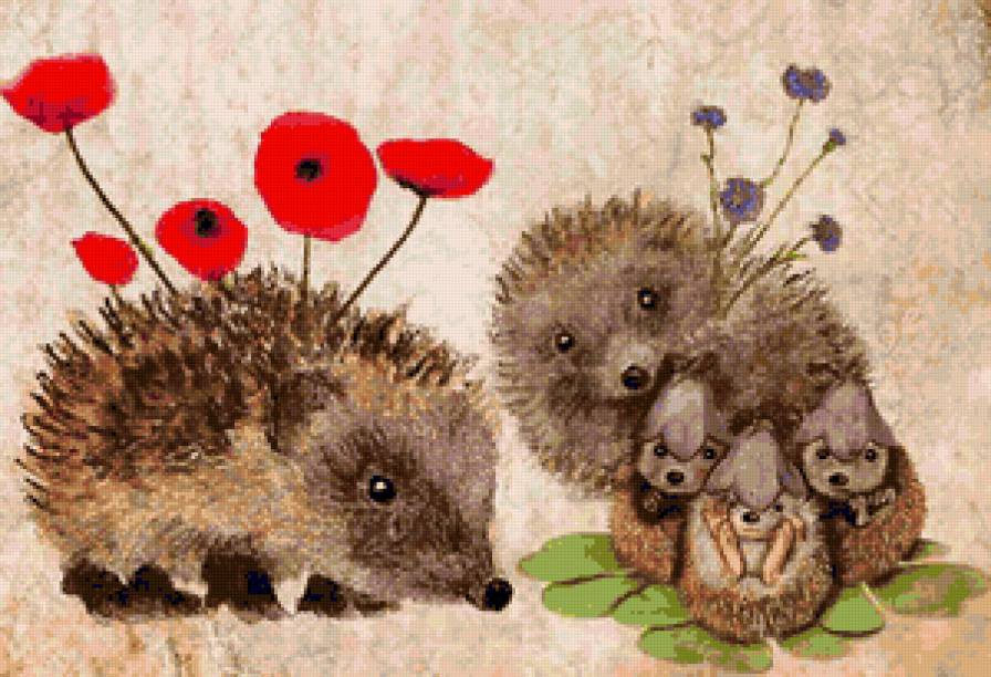 Ёжики - ежики, цветы, малыши, семья, ежик, сердечки, веселый ежик - предпросмотр