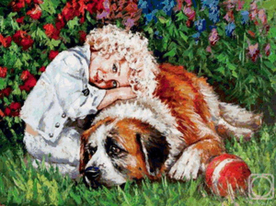 Дети и животные - пейзаж, живопись, животные, дети - предпросмотр