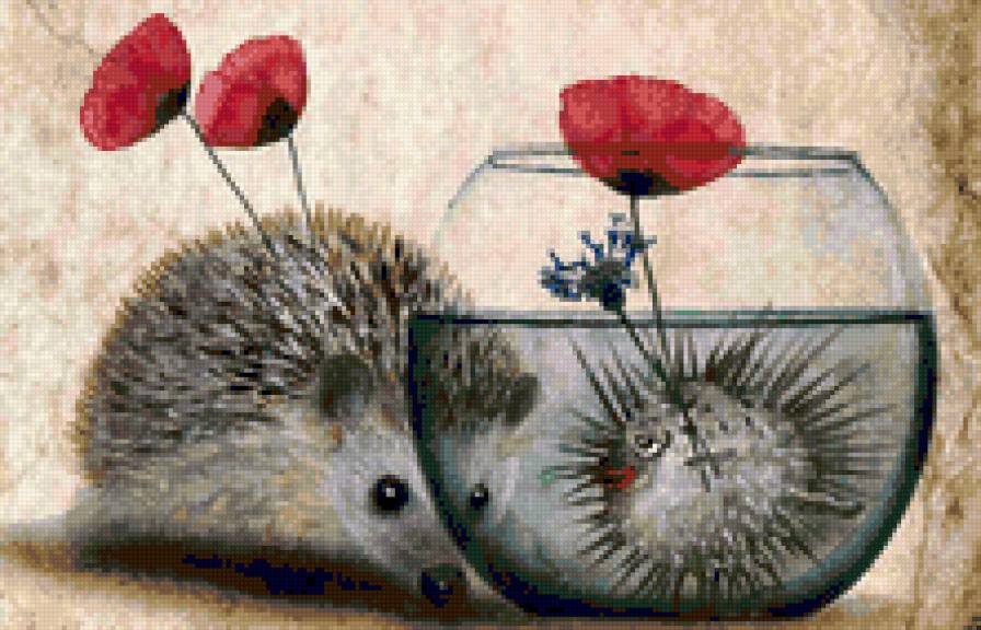 Необычное знакомство - цветы, рыбка, еж, рыба, ежики, веселый ежик, аквариум, ежик - предпросмотр