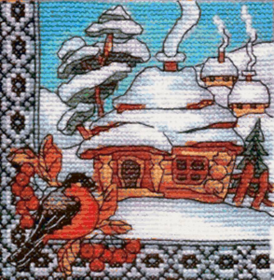 Зима - хата, рябина, снегирь, времена года, домик, снегири, зима - предпросмотр