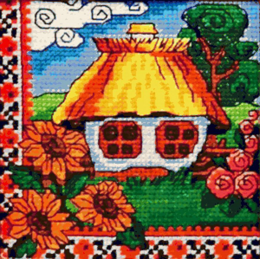 Времена года - лето, хата, зима, подсолнух, домик, снегири, времена года - предпросмотр