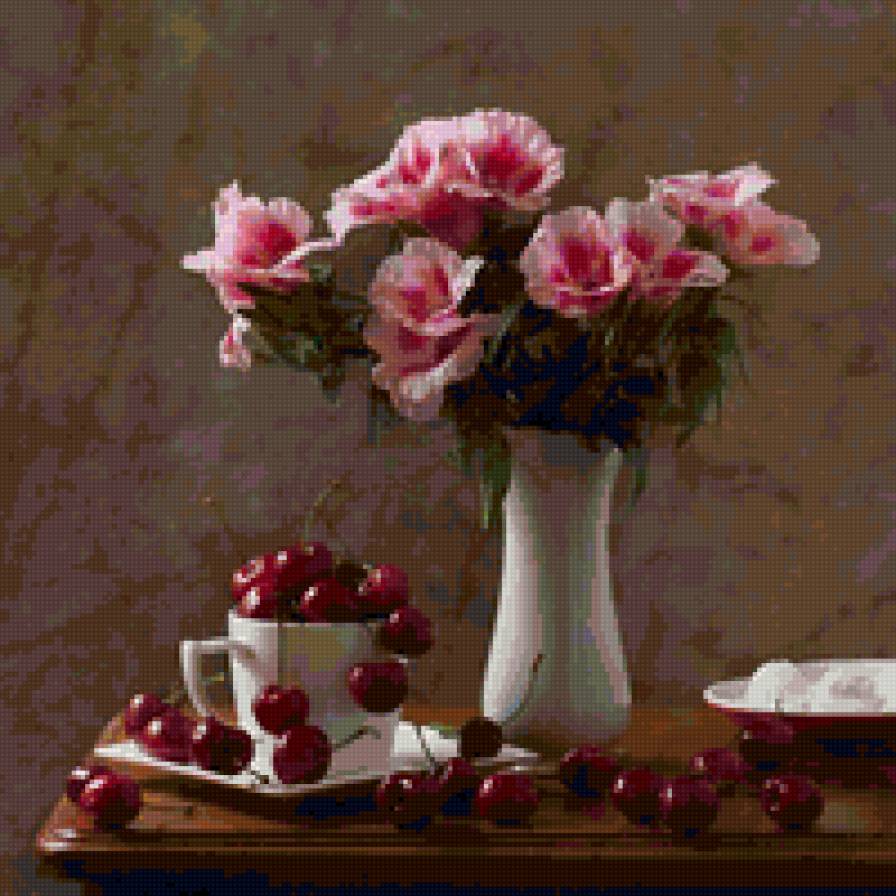 натюрморт - цветы, натюрморт, вишни - предпросмотр