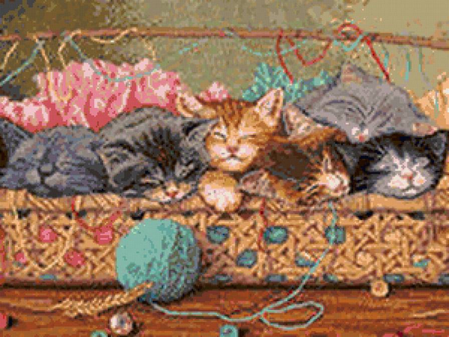 котята в лукошке - котята, клубок, пряжа, корзинка - предпросмотр