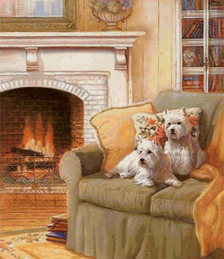 Вечер у камина - щенки, огонь, собаки, животные, для библиотеки, пейзаж - предпросмотр