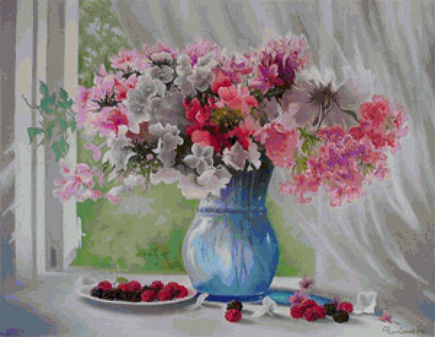 нежное утро - окно, цветы, малина, букет, утро - предпросмотр