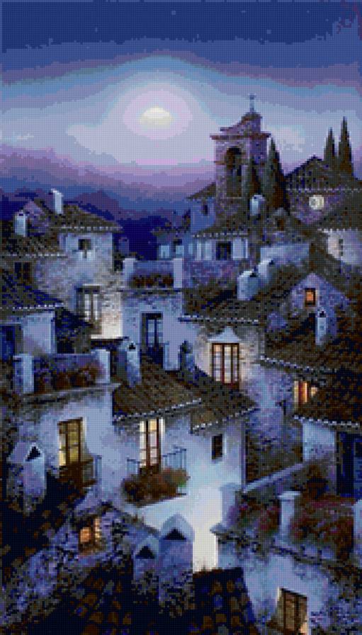 Ясная ночь - домики, живопись - предпросмотр