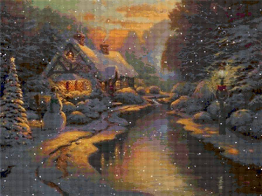 Зимний вечер - домик, зима, пейзаж - предпросмотр