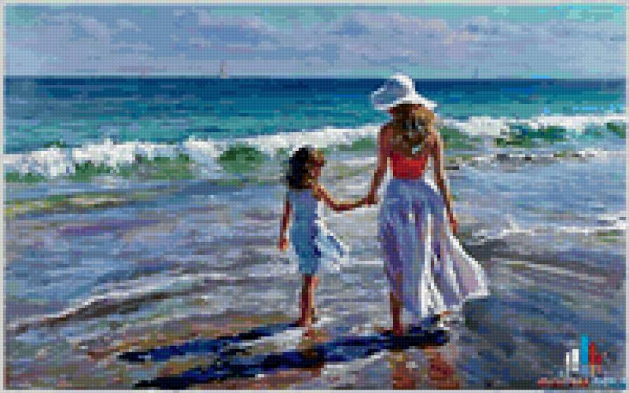 Девочка с мамой. Волегов. - девочка, море, мама, картина, дети, волегов, лето - предпросмотр