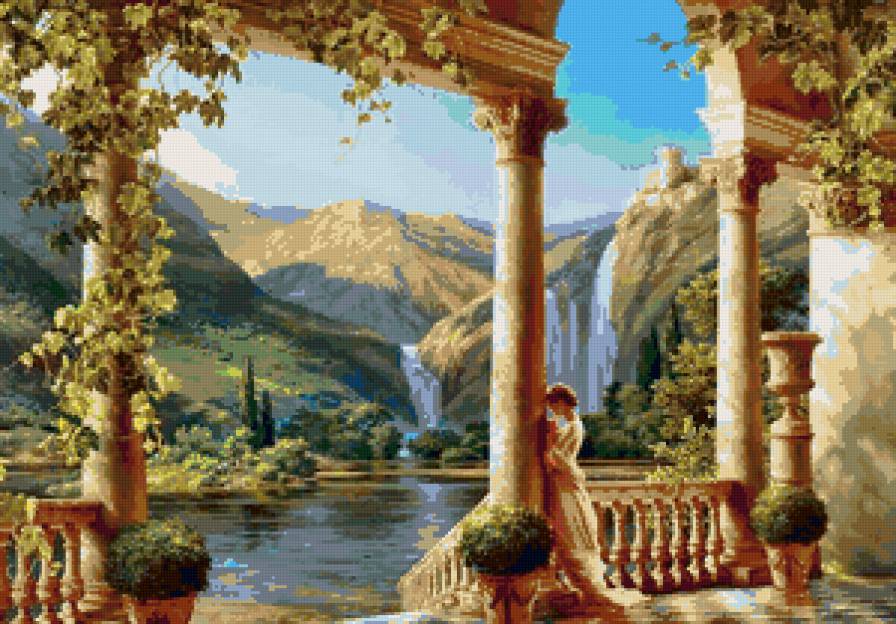 живопись - женщина, водопад, горы - предпросмотр