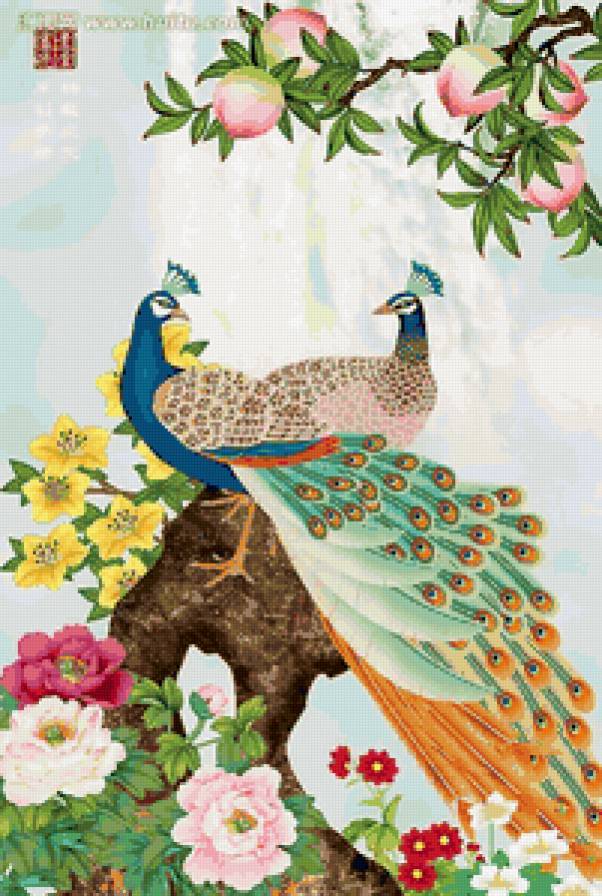 павлины - птицы, павлин, цветы, восток, живопись, природа - предпросмотр