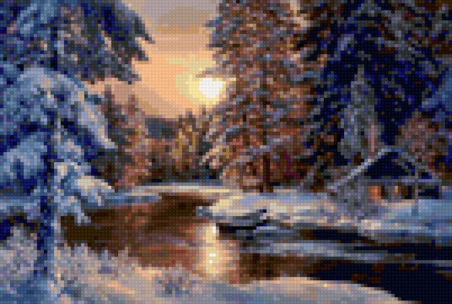 Зимний пейзаж с рекой - лес, зима, река, пейзаж, ночь - предпросмотр