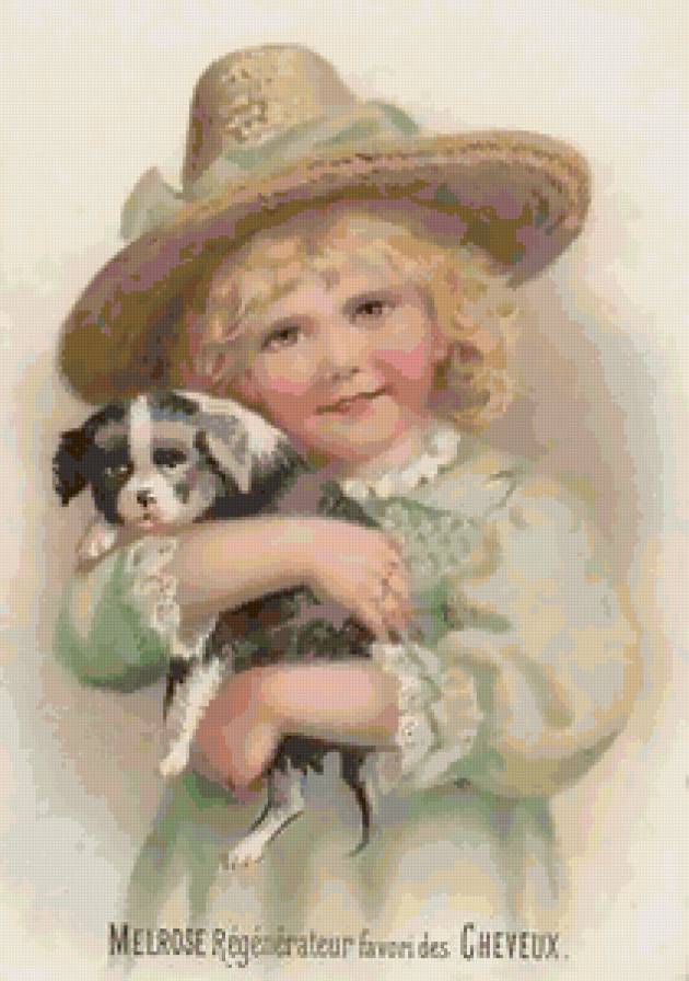 Старые открытки - щенок, девочка - предпросмотр