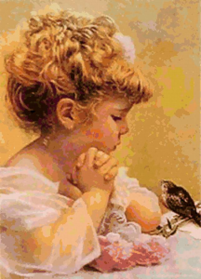 Старые открытки - девочка, птичка - предпросмотр