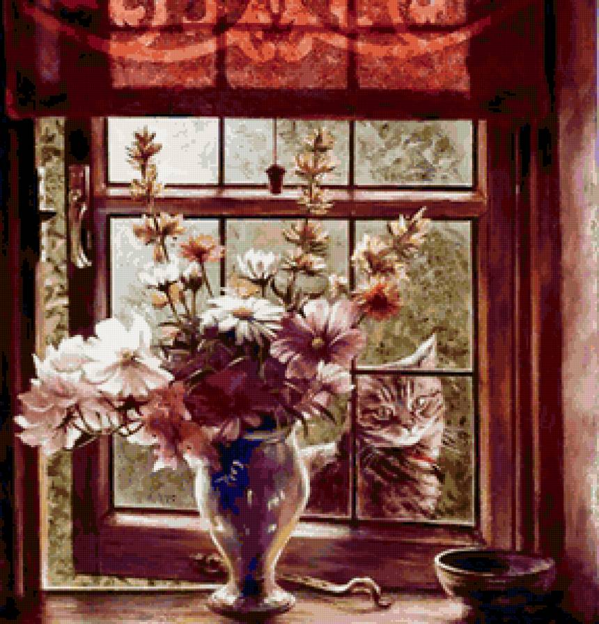 Котенок за окном - животные, кошка, окно, цветы - предпросмотр