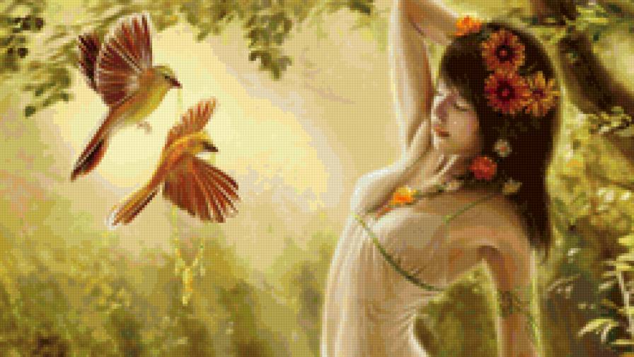 девушка и птицы - птицы, цветы, лес, девушка - предпросмотр