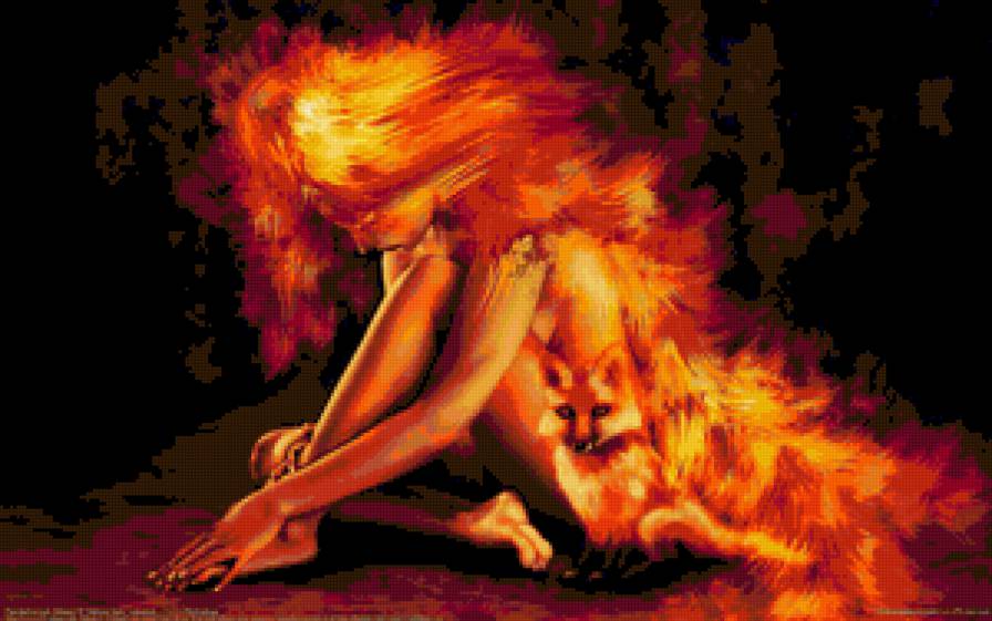 Огненная девушка с лисой - девушка, огонь, лиса - предпросмотр