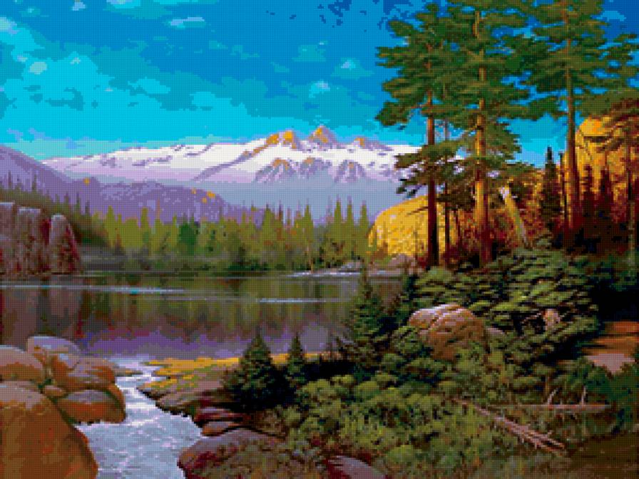 природа - живопись, картина, лес, пкйзаж, горы - предпросмотр