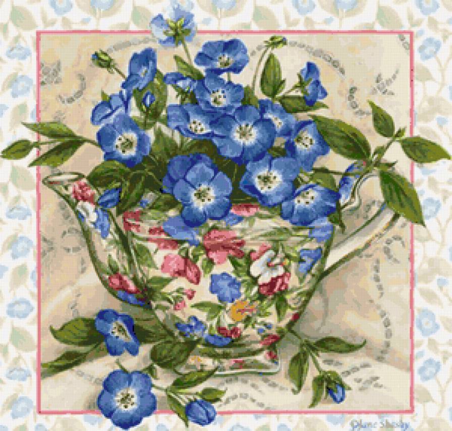 Панно для кухни - букет, чаепитие, фиалки, цветы, панно, чайник, посуда, фарфор - предпросмотр