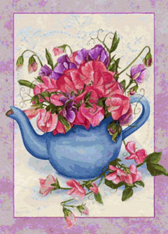 Душистый горошек - посуда, душистый горошек, для кухни, панно, цветы, чайник - предпросмотр