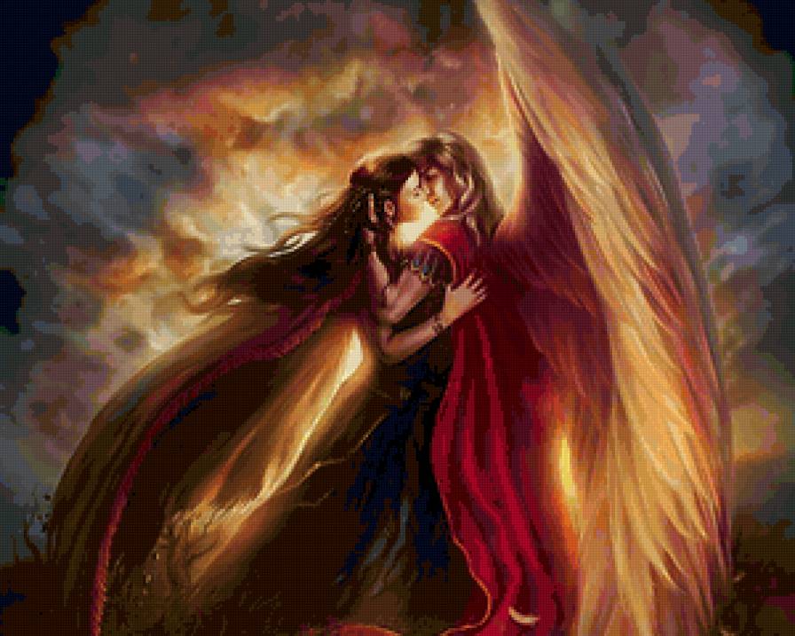 Любовь ангела - любовь, красота, фентази, пара, иллюстрация, картина - предпросмотр