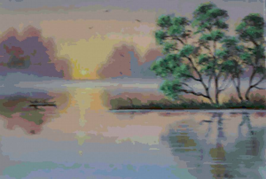 Утренний туман - озеро, пейзаж, картина - предпросмотр